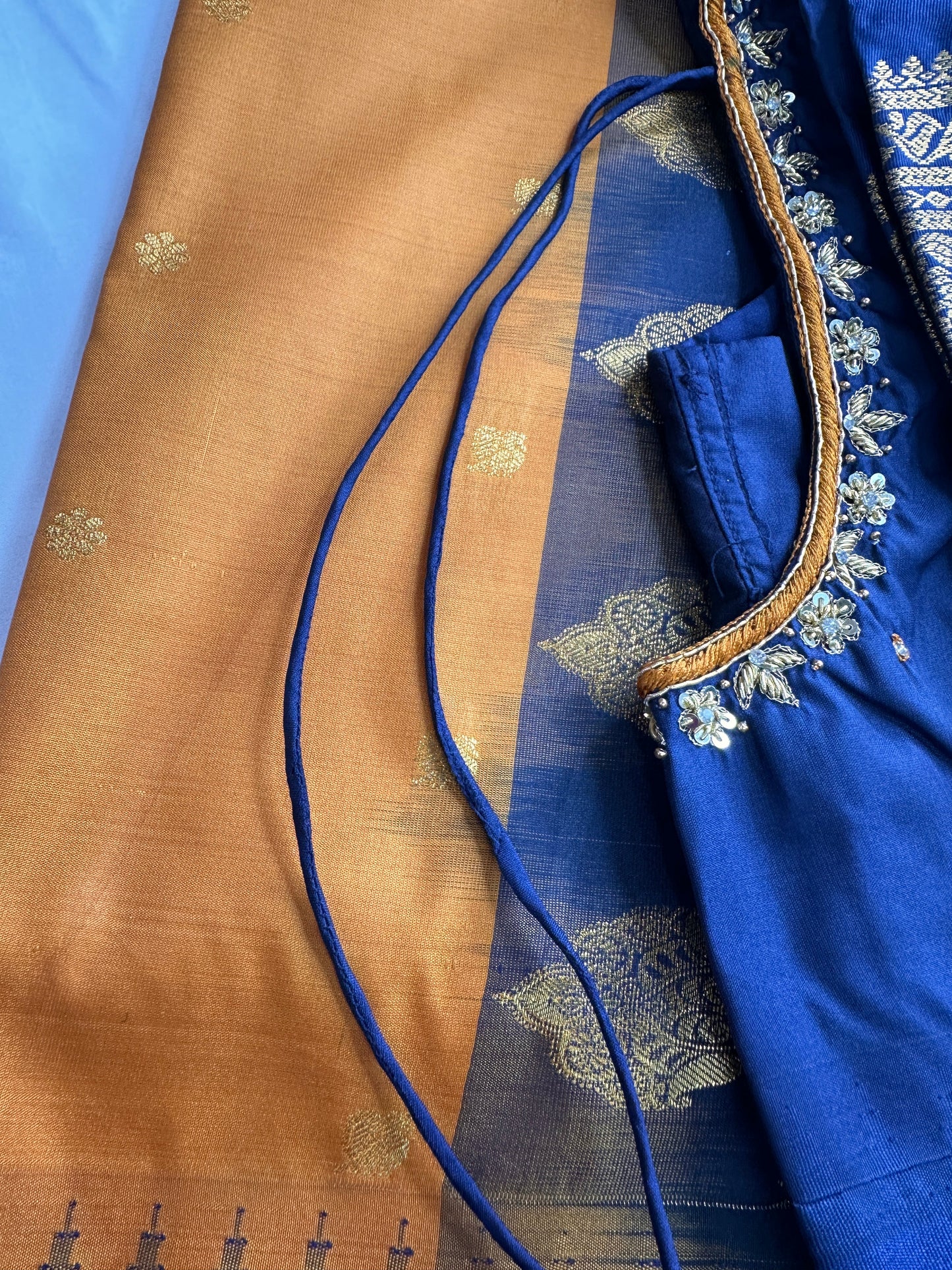 Mustard Brown Blue Pattu Gadwal Saree