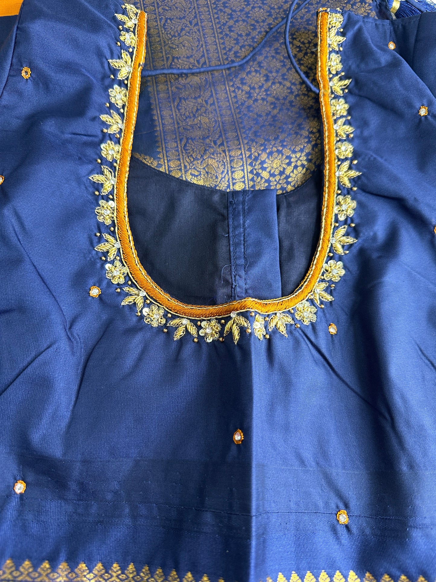 Mustard Brown Blue Pattu Gadwal Saree