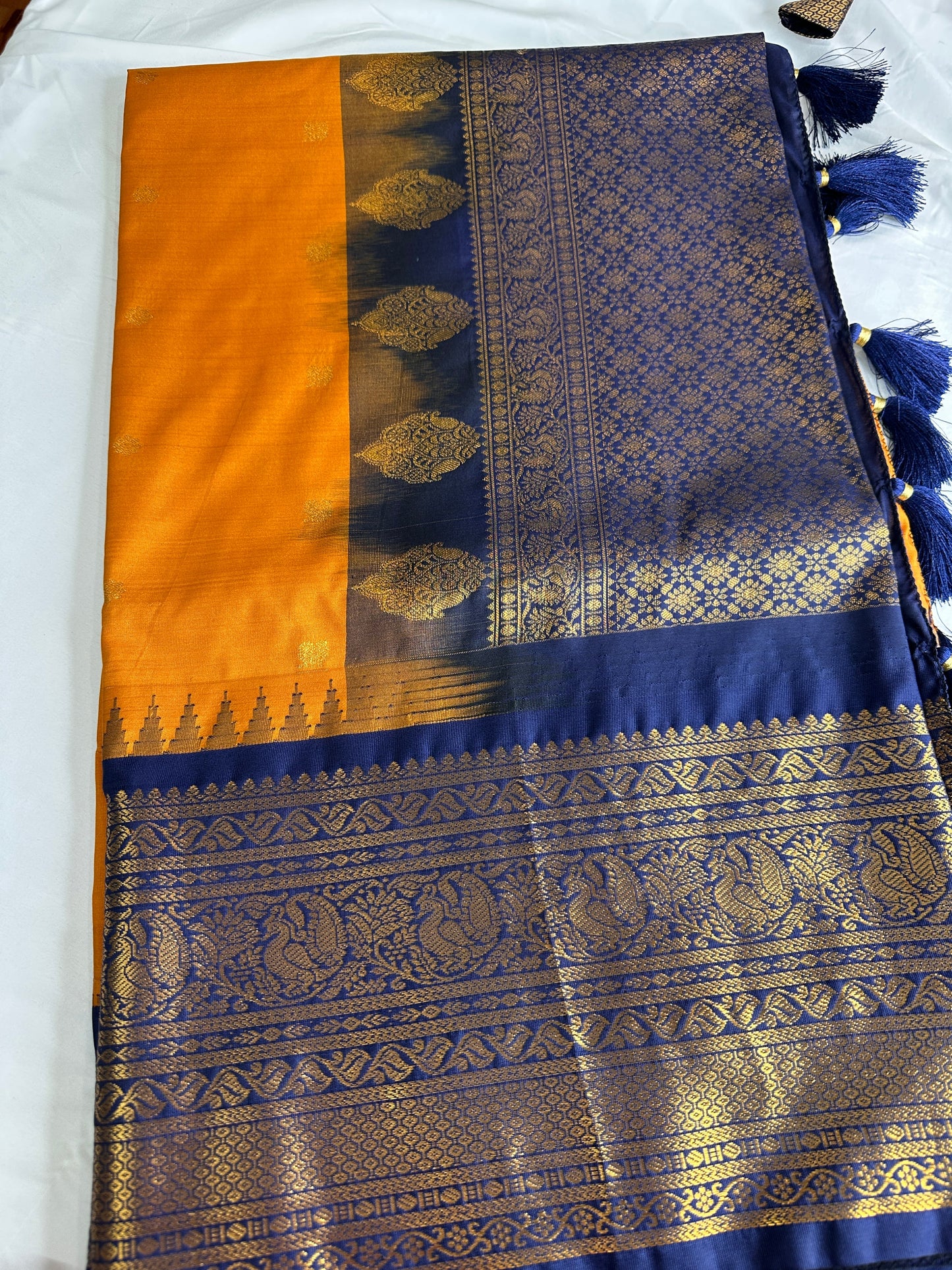 Mustard Brown Blue Pattu Gadwal Saree