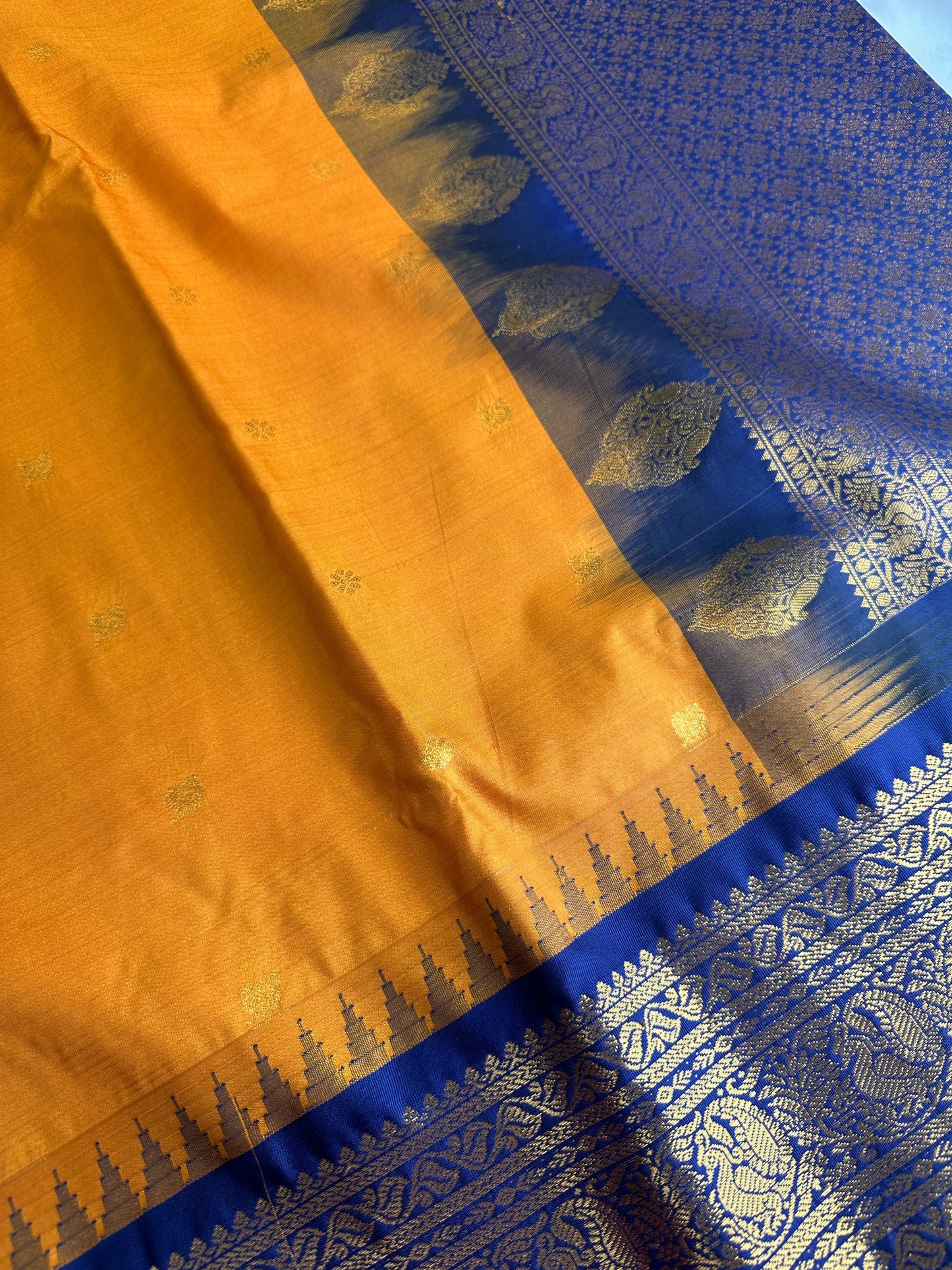 Mustard Brown Blue Pattu Gadwal Saree