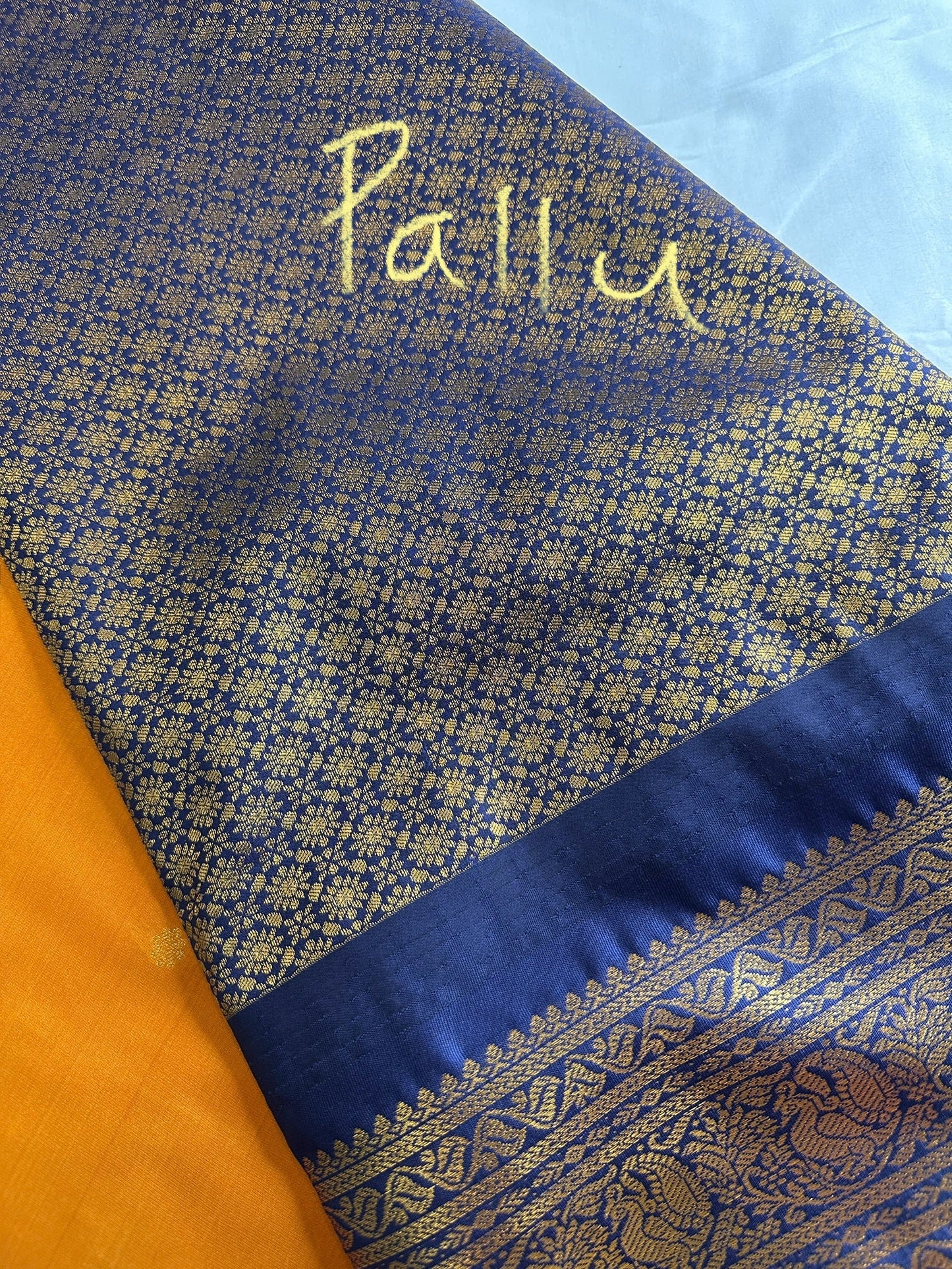 Mustard Brown Blue Pattu Gadwal Saree
