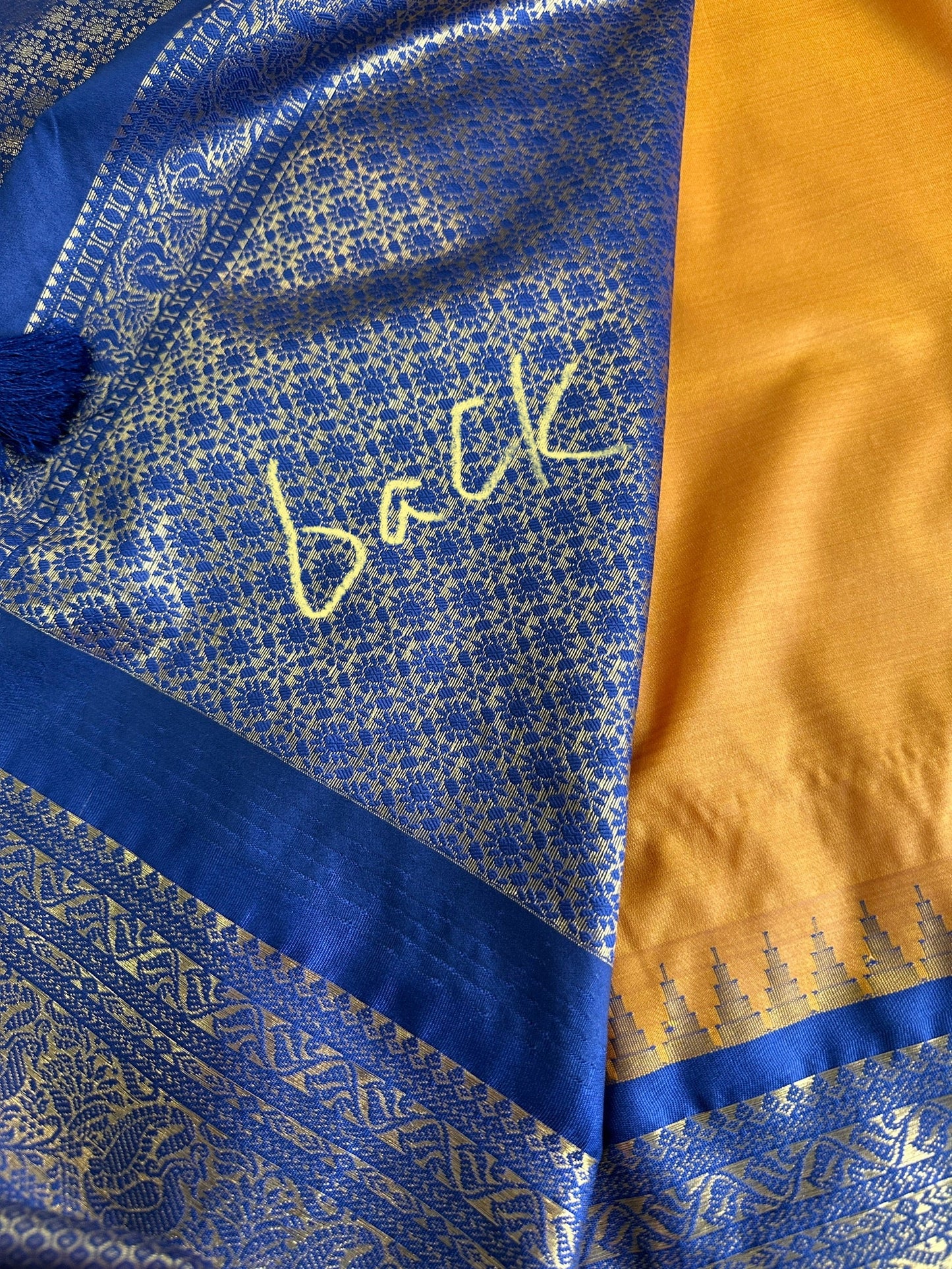 Mustard Brown Blue Pattu Gadwal Saree