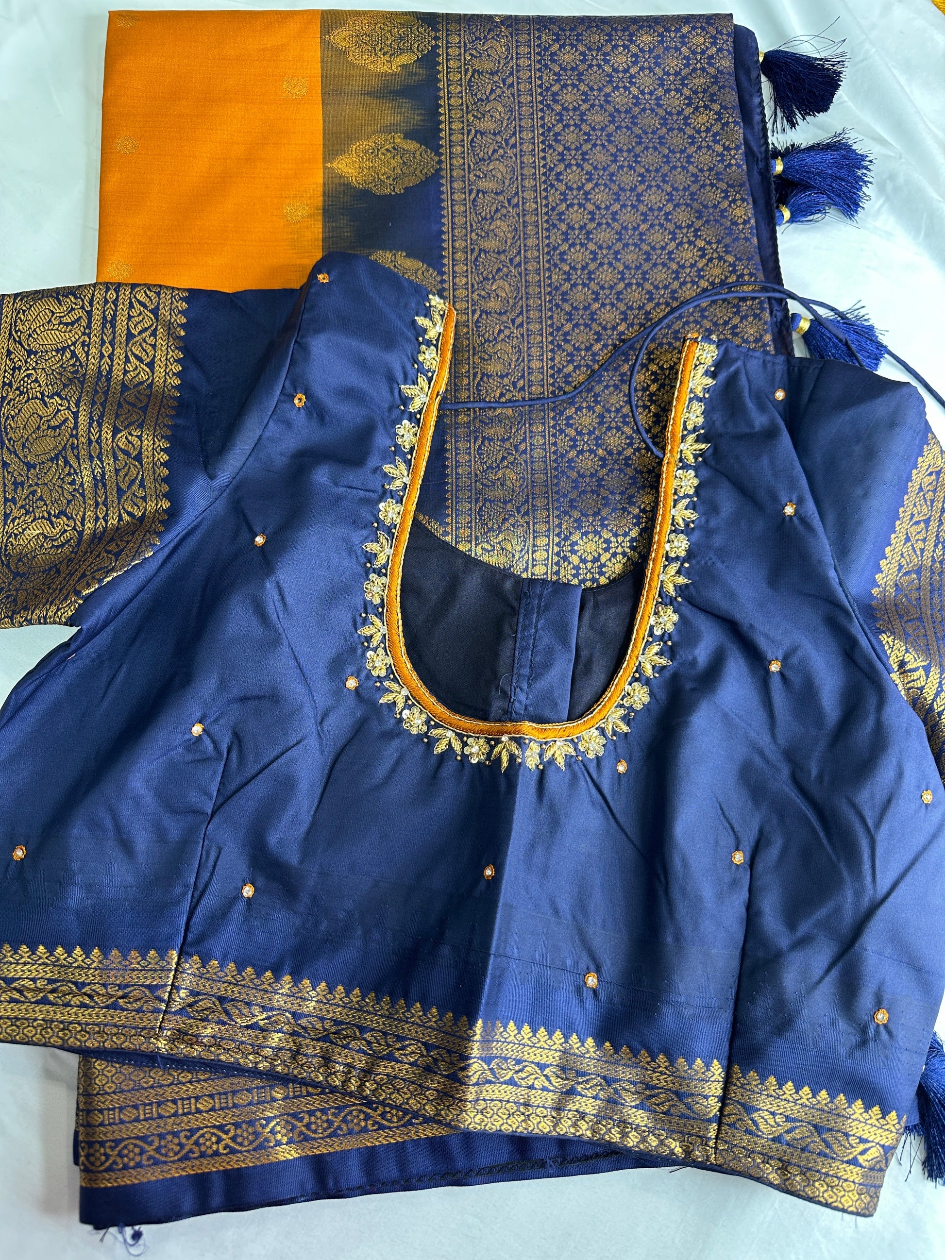 Mustard Brown Blue Pattu Gadwal Saree