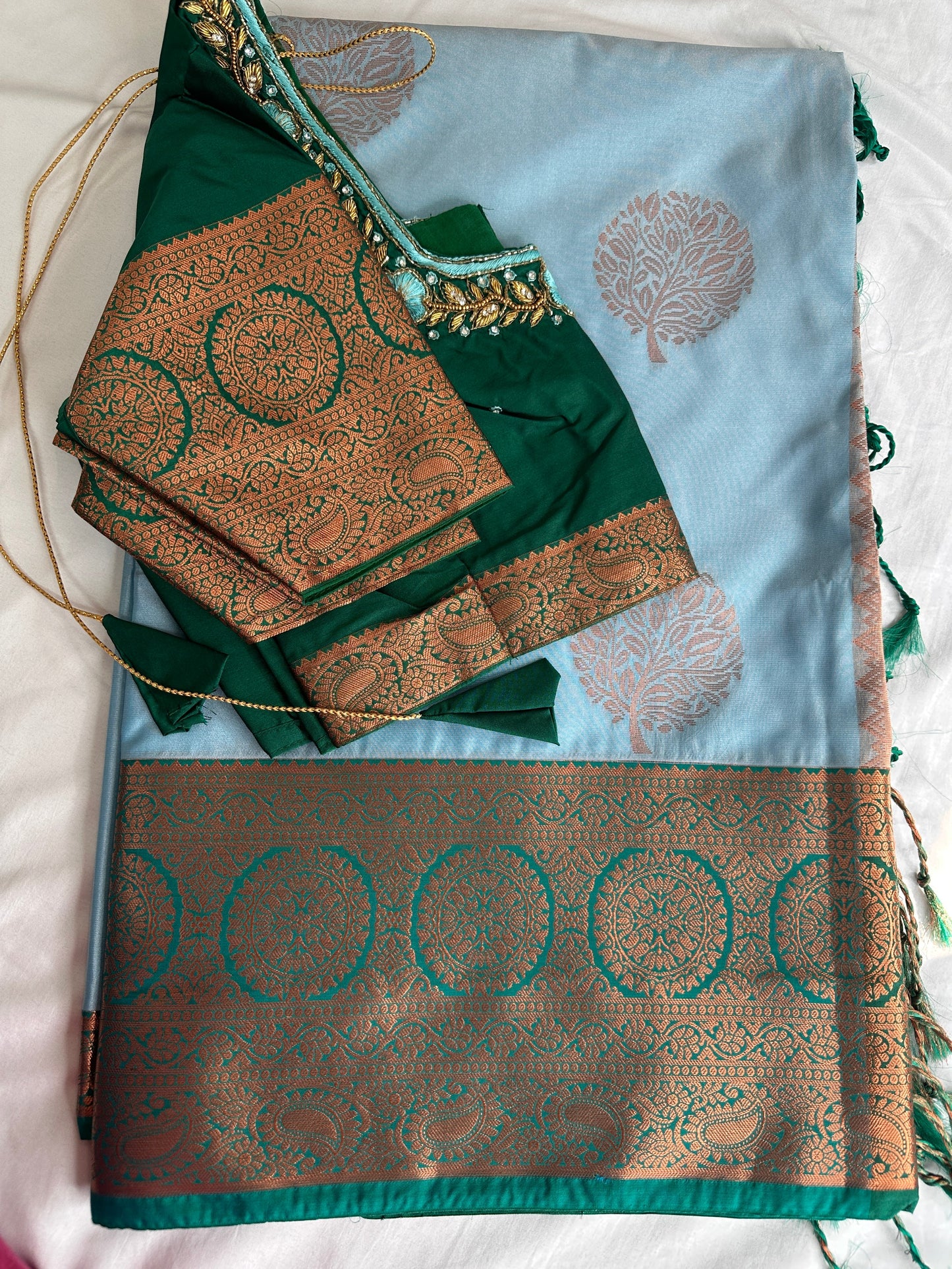 Blue Green Koyem Kanchi Border Saree