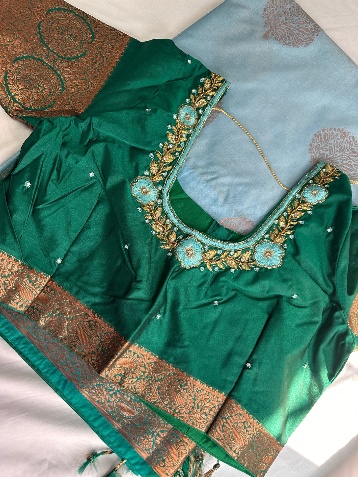 Blue Green Koyem Kanchi Border Saree