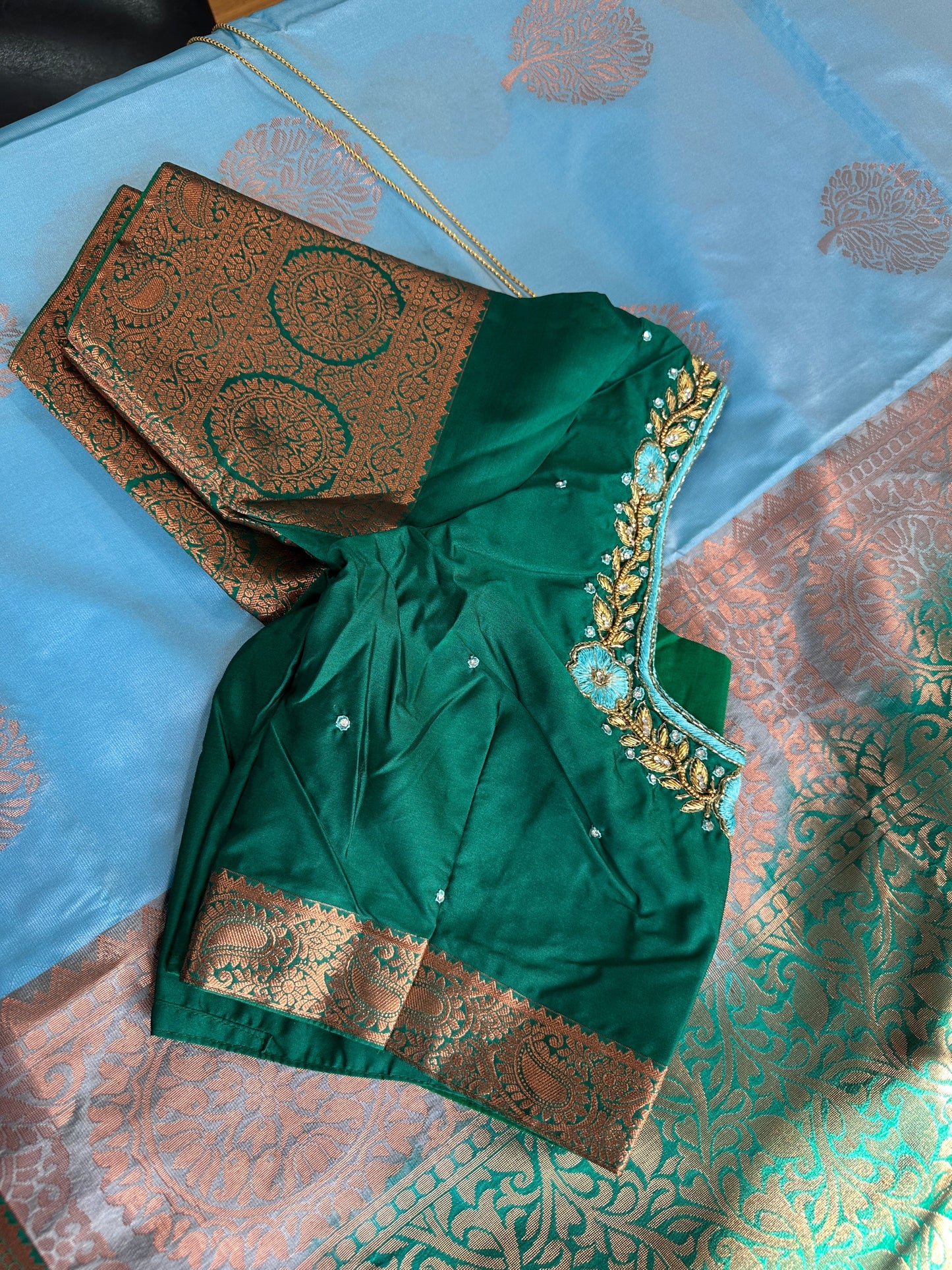 Blue Green Koyem Kanchi Border Saree