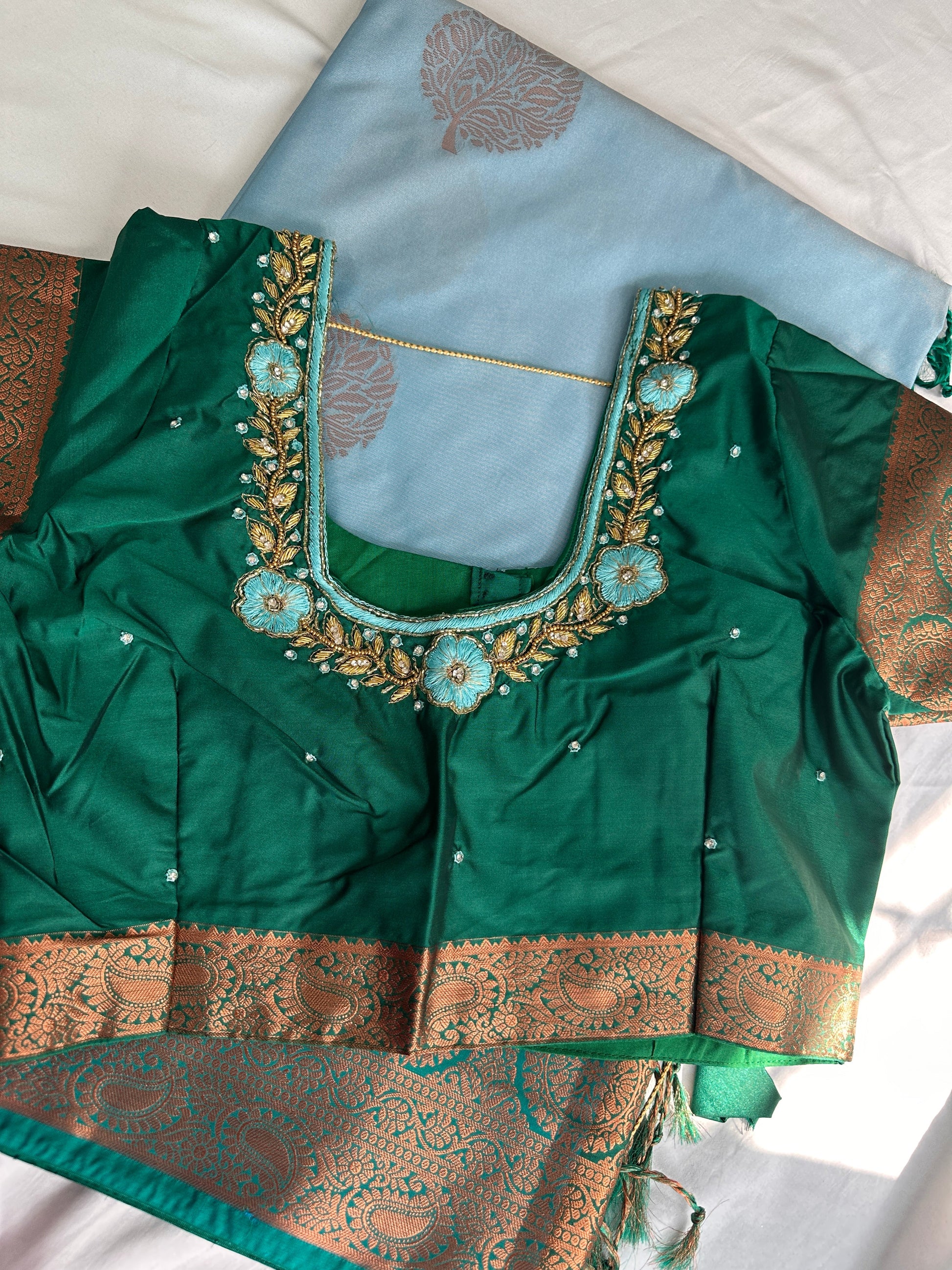 Blue Green Koyem Kanchi Border Saree