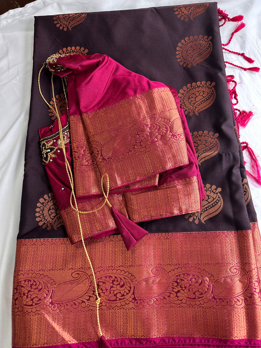 Dark Brown Koyem Kanchi Border Saree