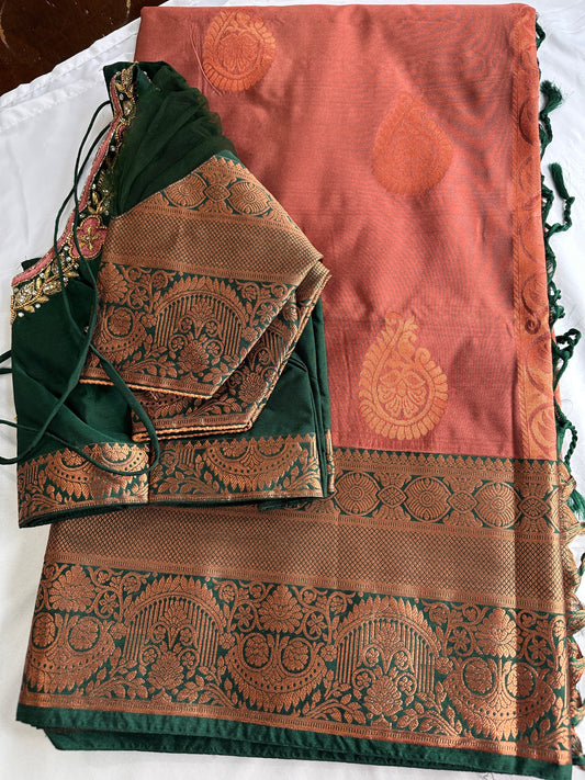 Rust Copper Koyem Kanchi Border Saree