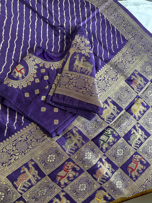 Leheriya Purple Dola Silk with Camel Elephant Zari Border Saree
