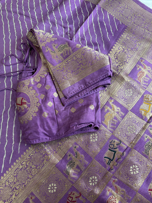 Leheriya Lavender Purple Dola Silk with Camel Elephant Zari Border Saree