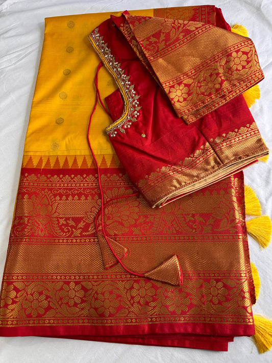 Yellow Red Pattu Gadwal Saree