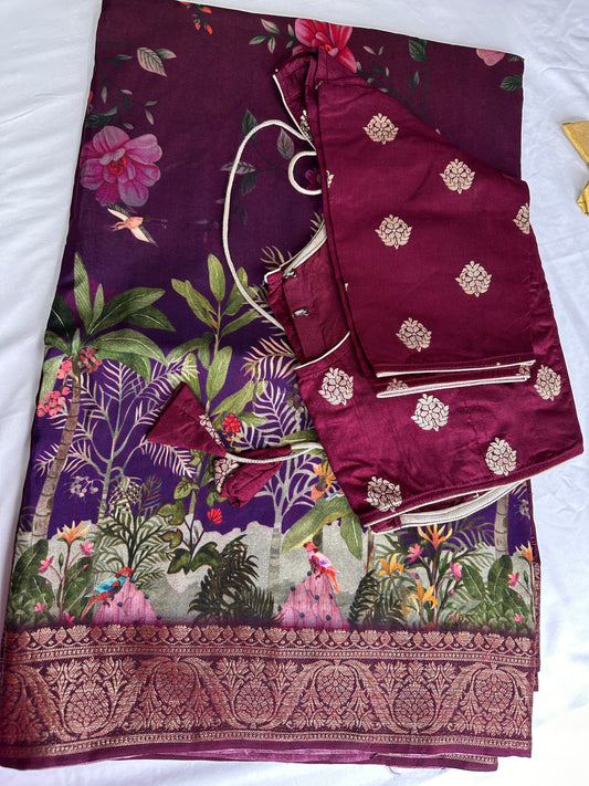 Semi Tussar Printed Floral Saree
