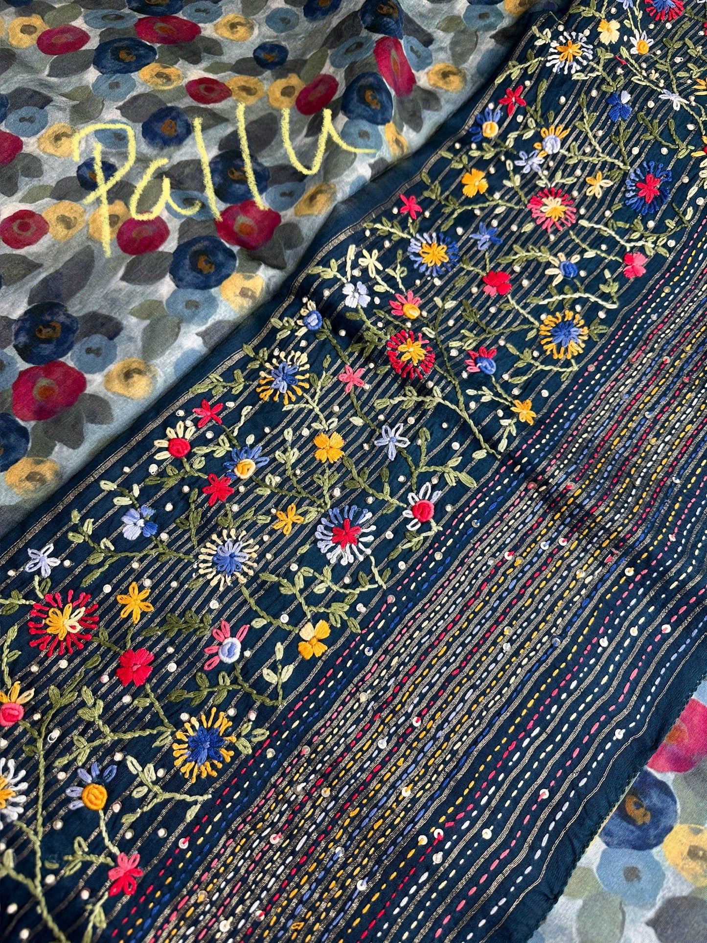 Chanderi Printed Multi Color Kantha Work Saree