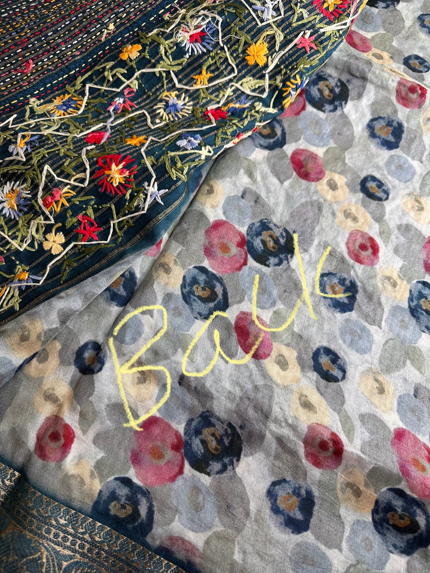Chanderi Printed Multi Color Kantha Work Saree