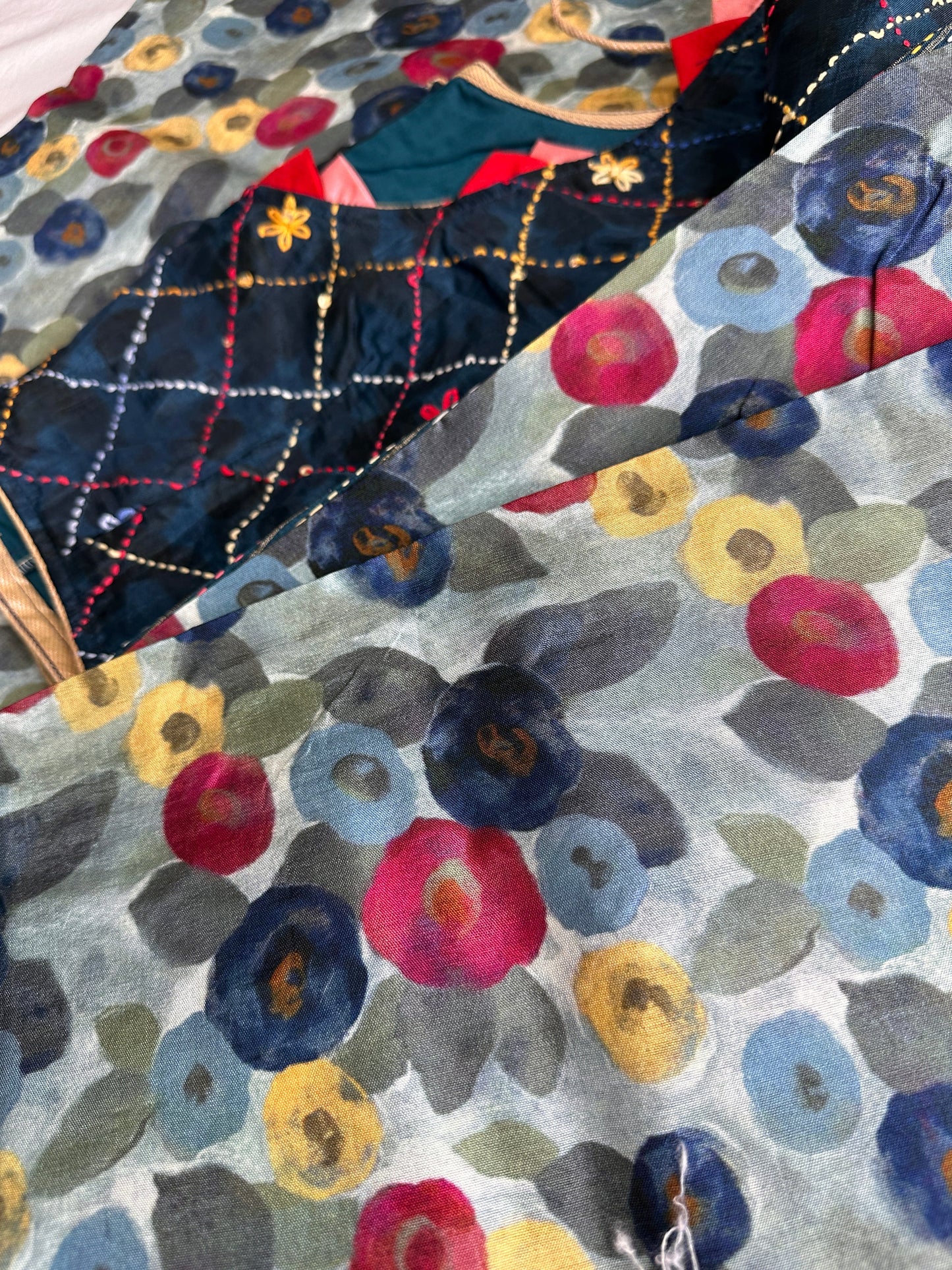 Chanderi Printed Multi Color Kantha Work Saree