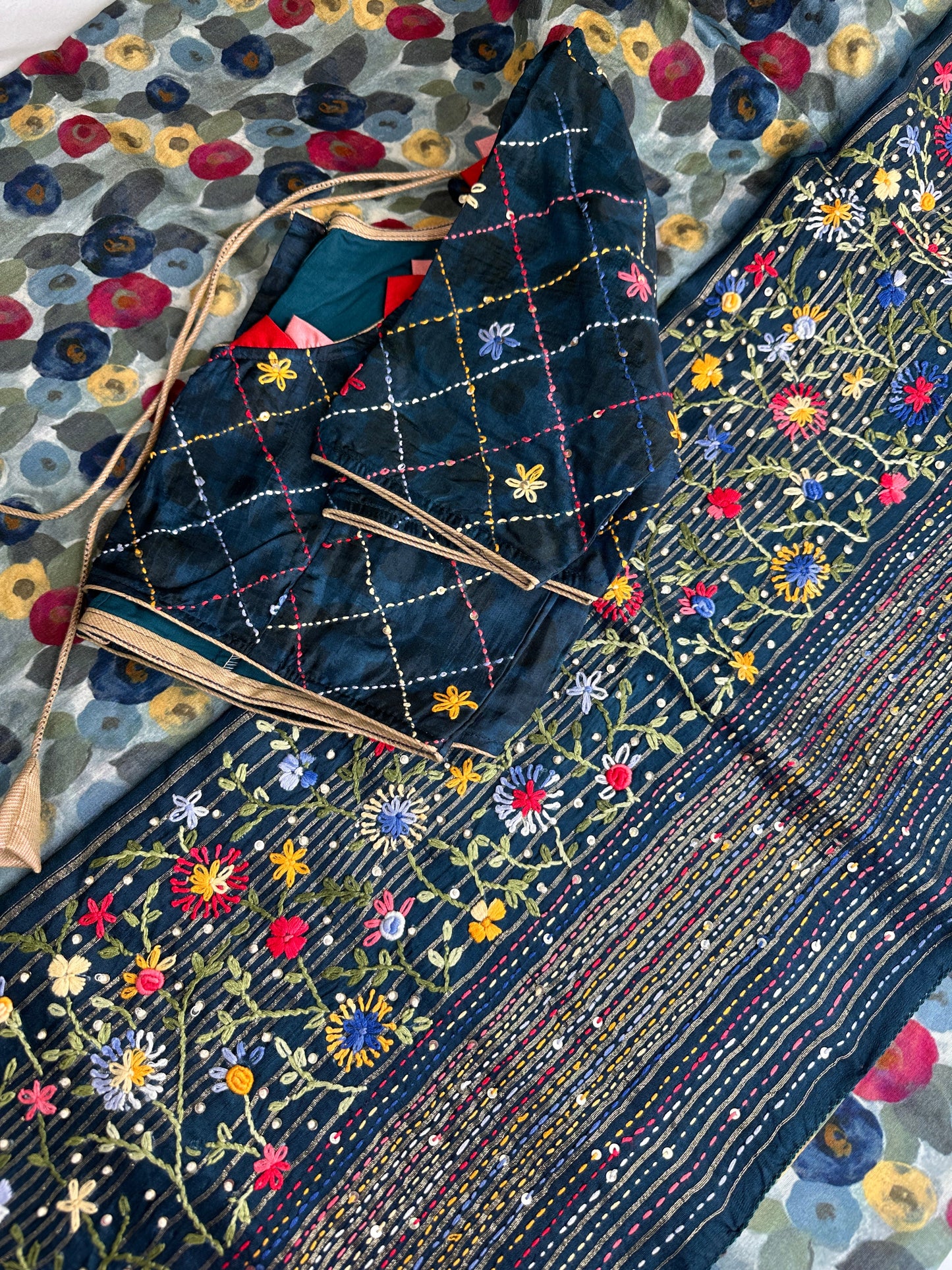 Chanderi Printed Multi Color Kantha Work Saree
