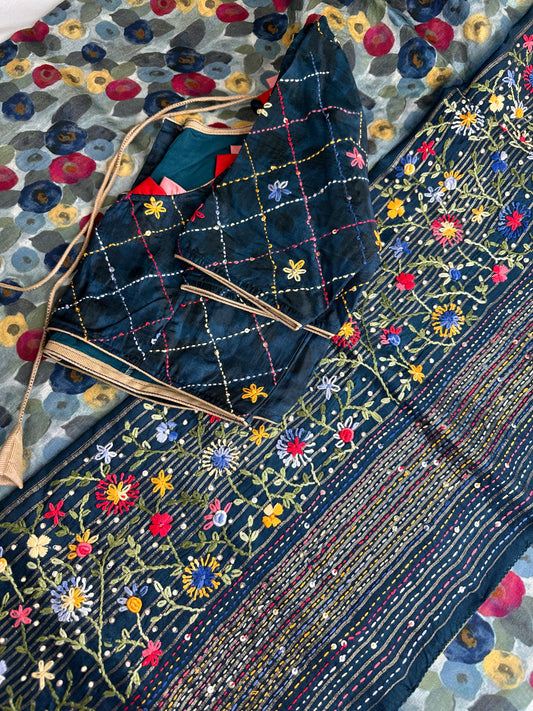 Chanderi Printed Multi Color Kantha Work Saree