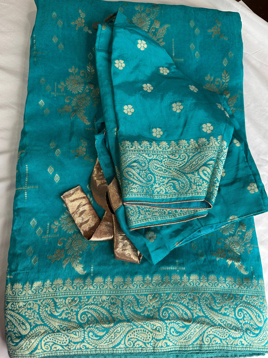 Blue Banarsee Semi Crepe Saree