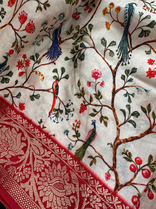 Floral Birdie Pattern Semi Tussar Saree