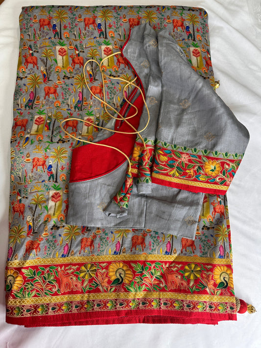 Grey Red Banarsee Pichwai Weaving Saree