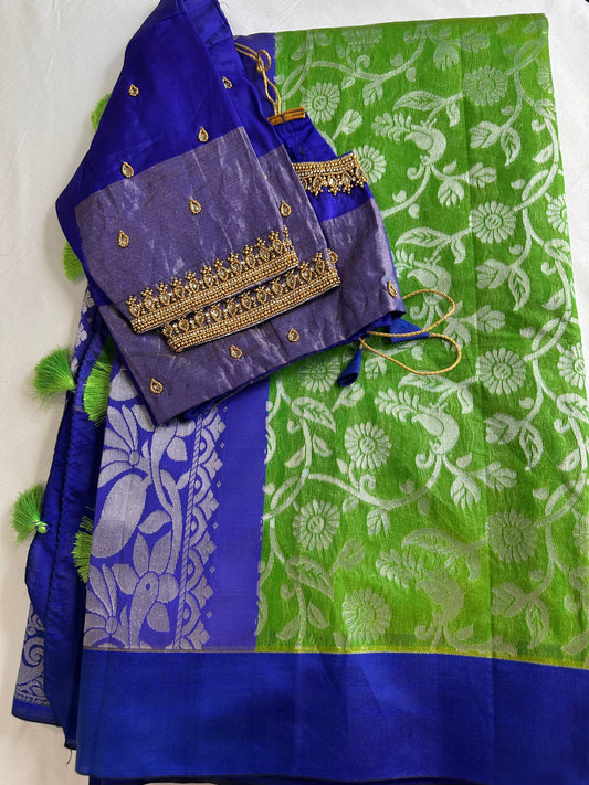 Green and Blue Semi Kuppdam Saree