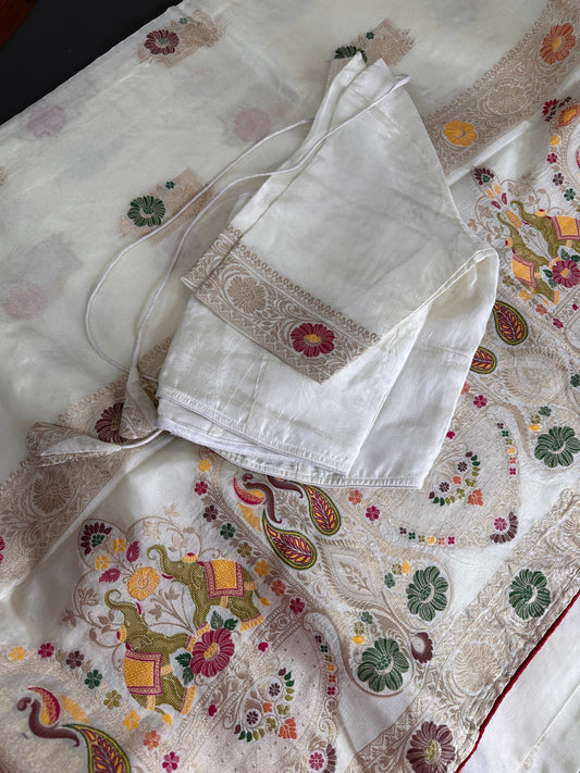 Off White Banarsi Meena Weaving Silk Saree