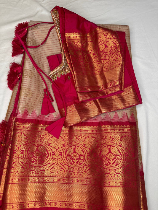 Beige Pink Pure Silk Pattu Gadwal Saree