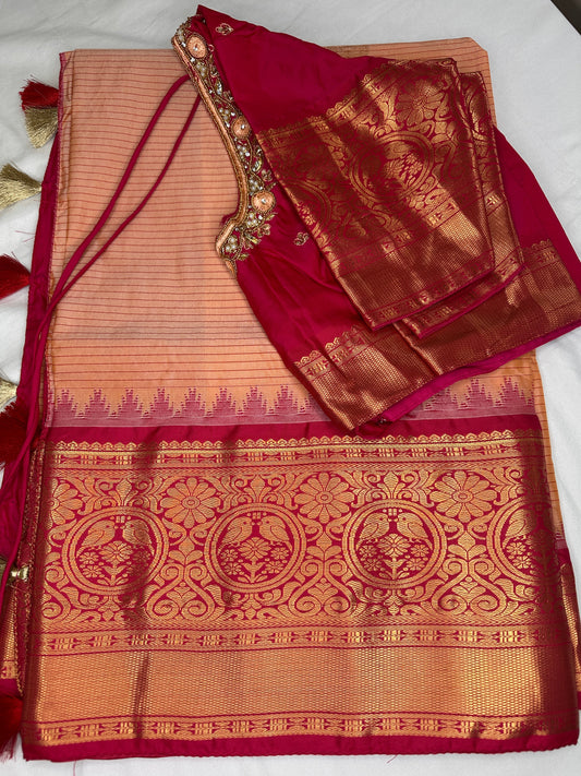 Peachish Pink Pure Silk Pattu Gadwal Saree