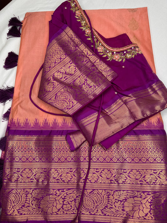 Peach Purple Pure Silk Pattu Gadwal Saree