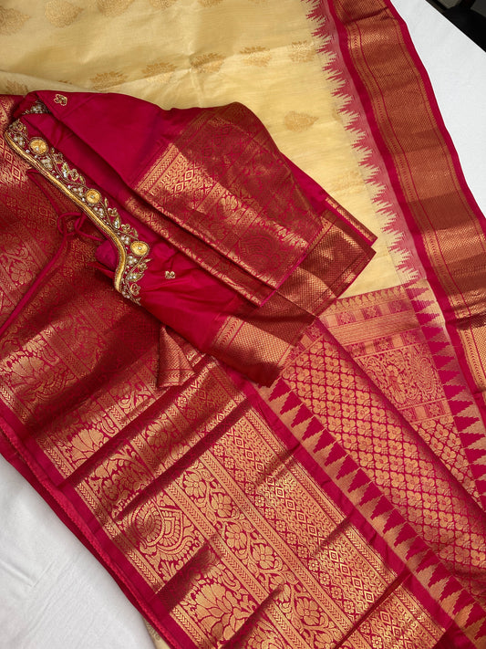 Cream Pink Pure Silk Pattu Gadwal Saree