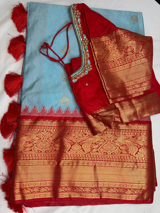 Blue Red Pure Silk Pattu Gadwal Saree
