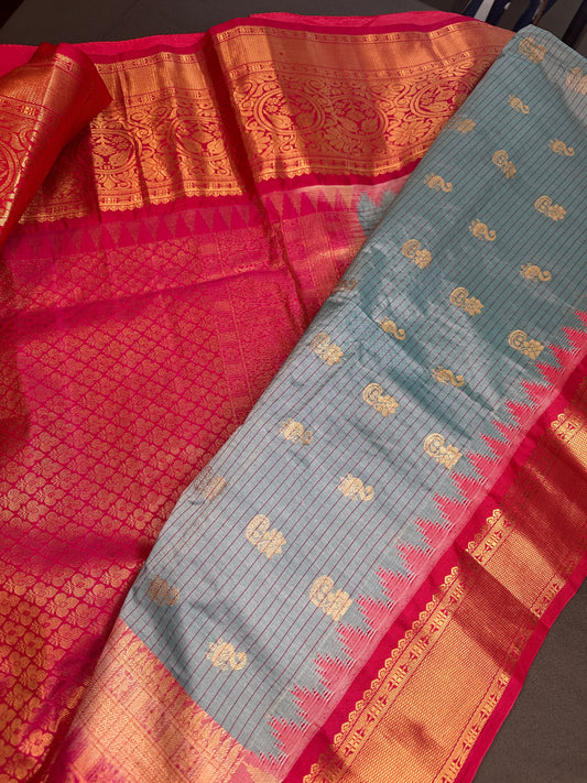 Blue Pink Pure Silk Pattu Gadwal Saree