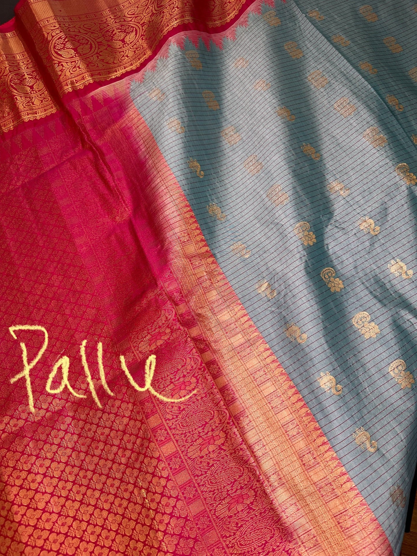 Blue Pink Pure Silk Pattu Gadwal Saree