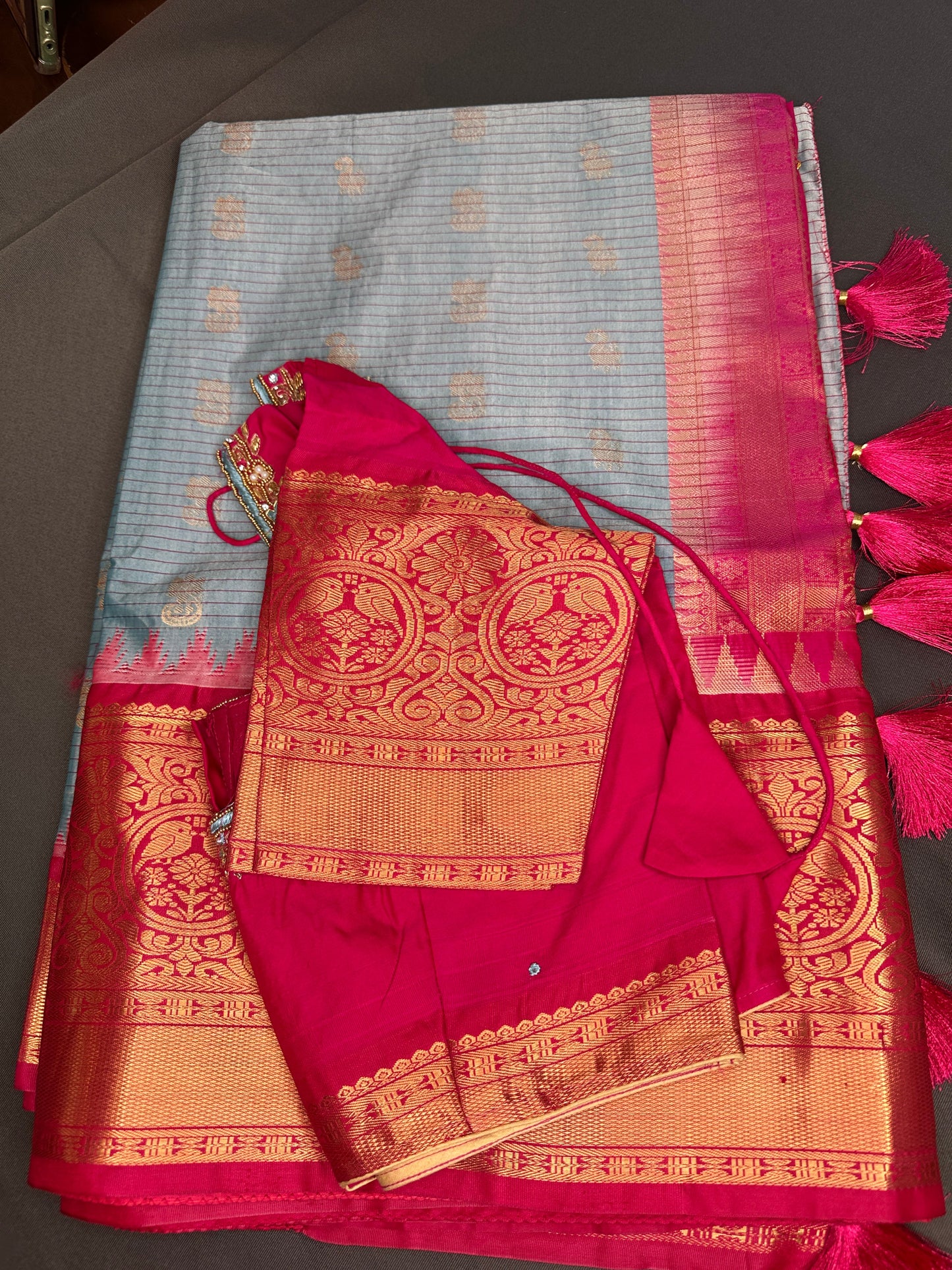 Blue Pink Pure Silk Pattu Gadwal Saree