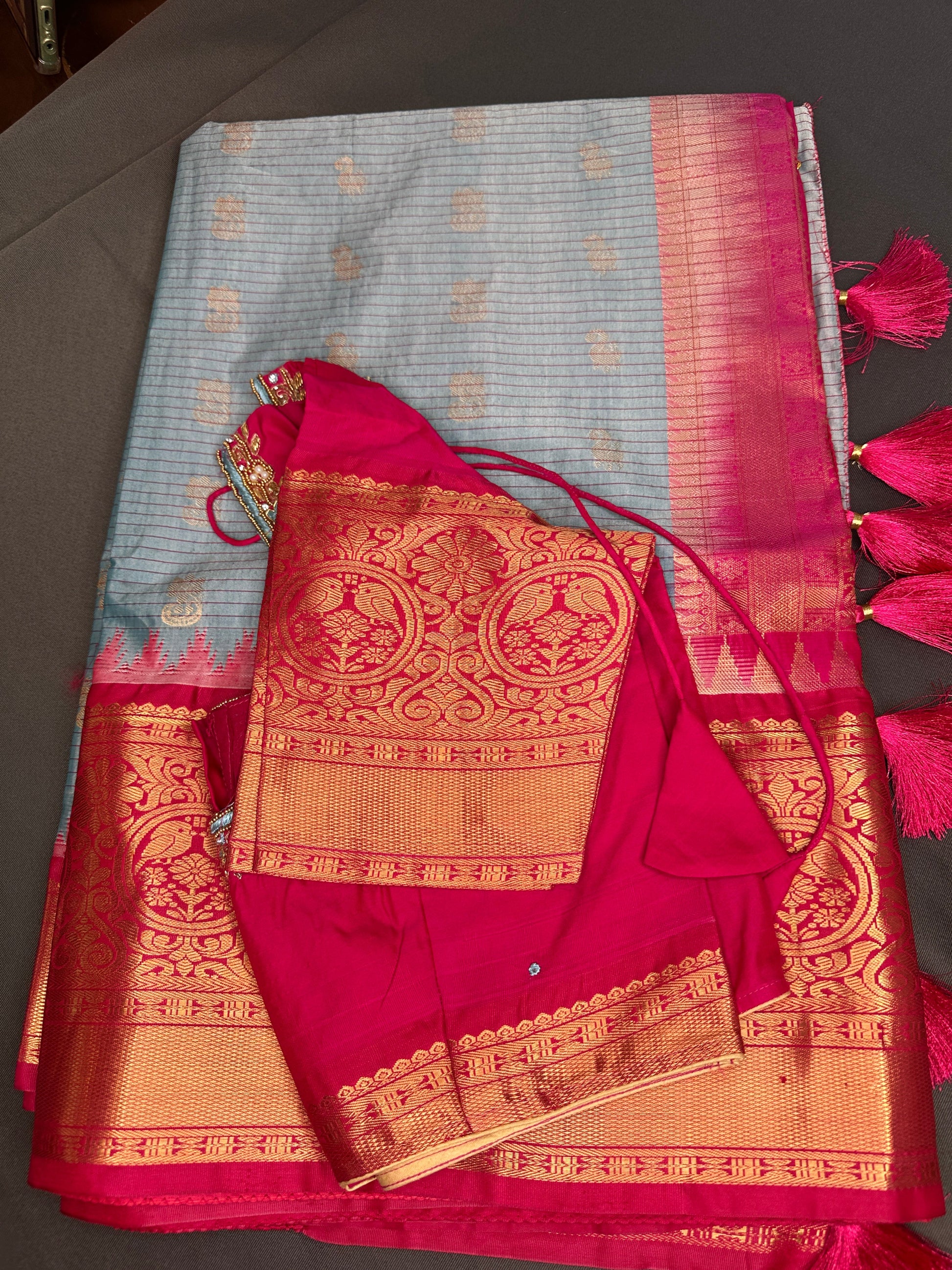 Blue Pink Pure Silk Pattu Gadwal Saree