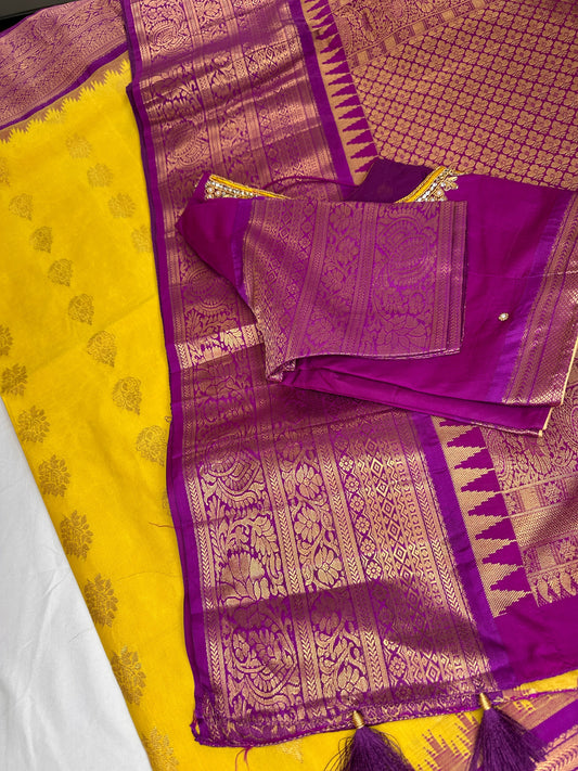 Yellow Purple Pure Silk Pattu Gadwal Saree
