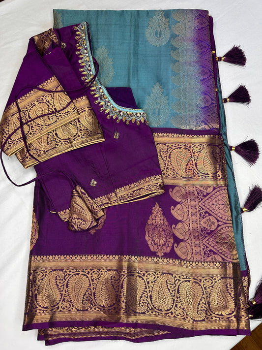 Peacock Blue Pure Kanchi Silk Light Weight Saree