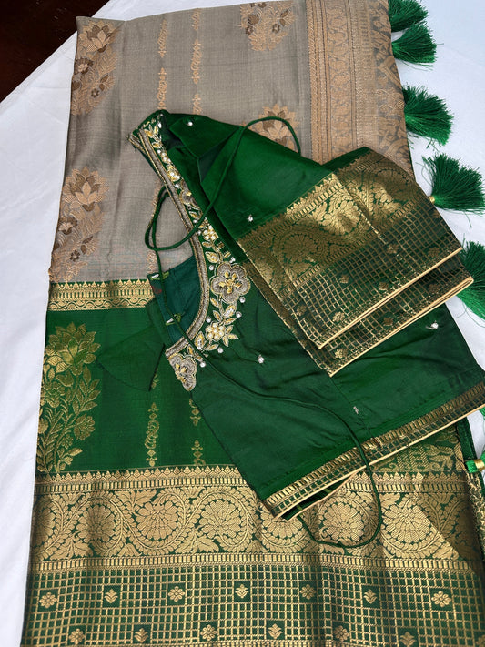 Grey Green Pure Kanchi Silk Light Weight Saree