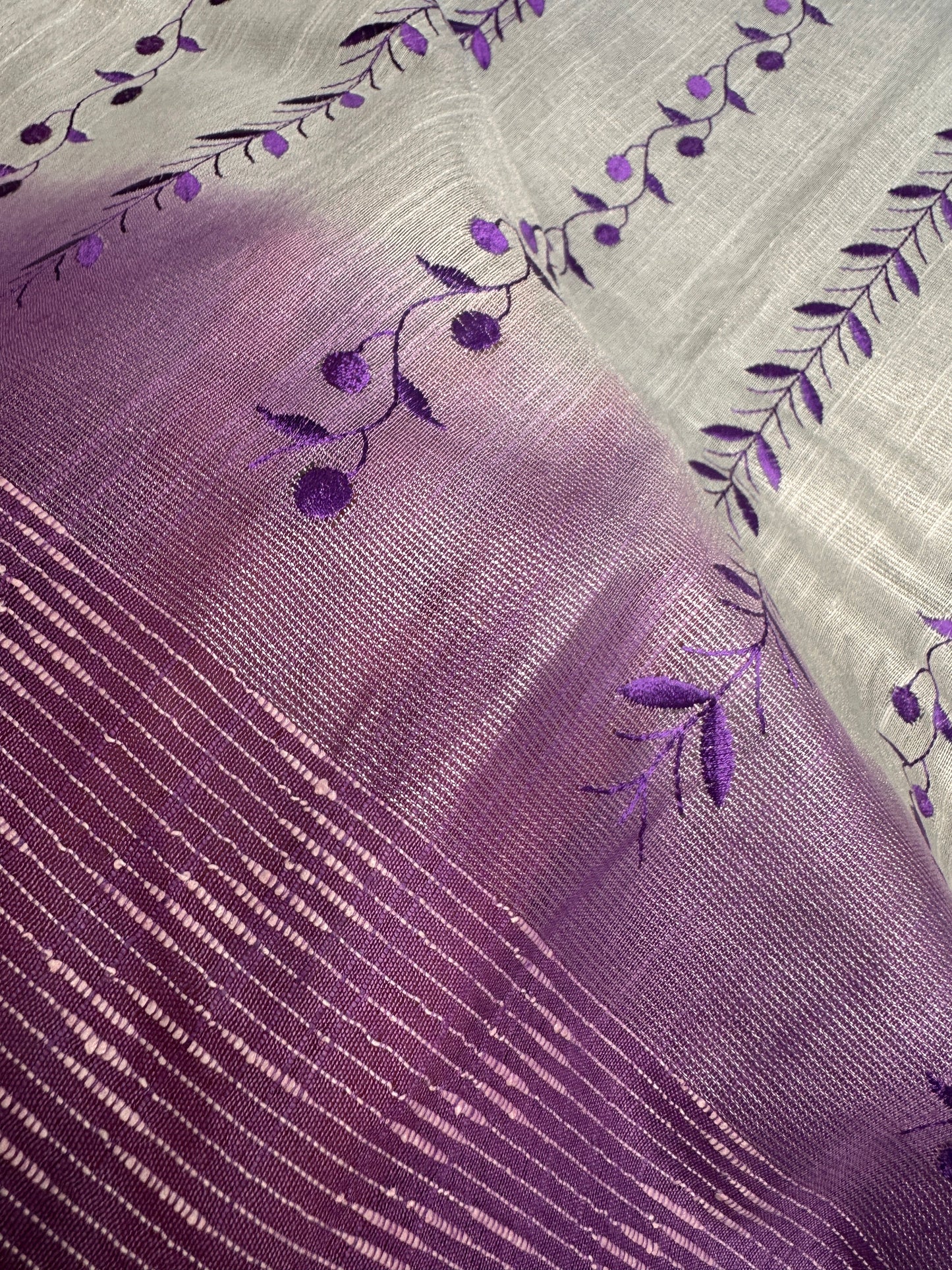 Bhagalpuri Silk Grey Purple Embroidery Saree