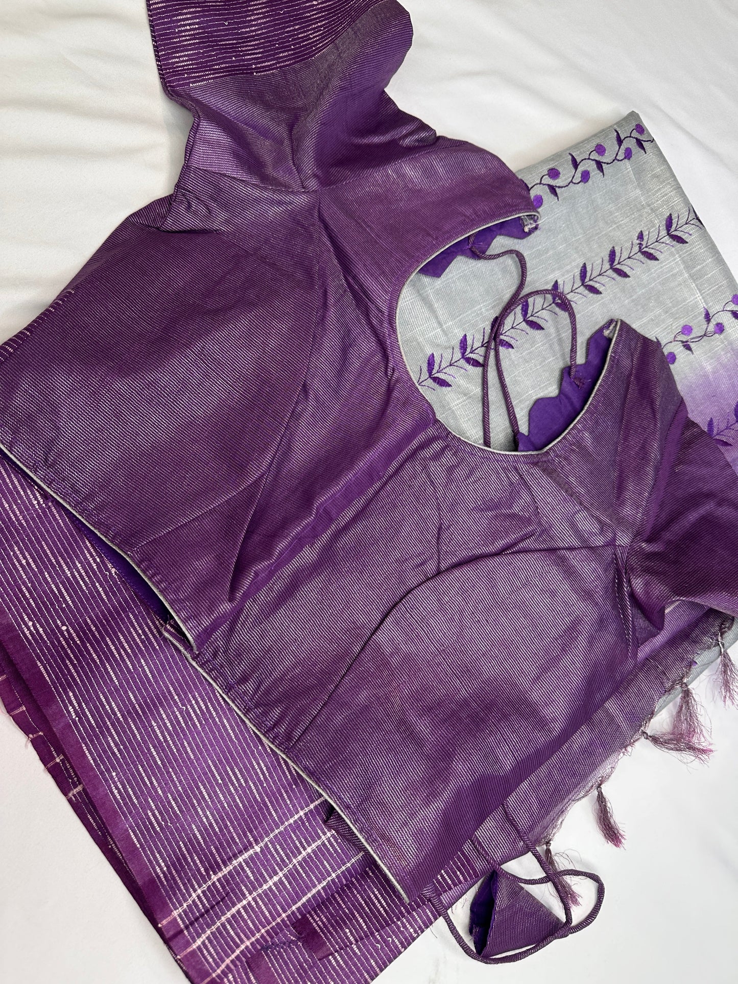 Bhagalpuri Silk Grey Purple Embroidery Saree
