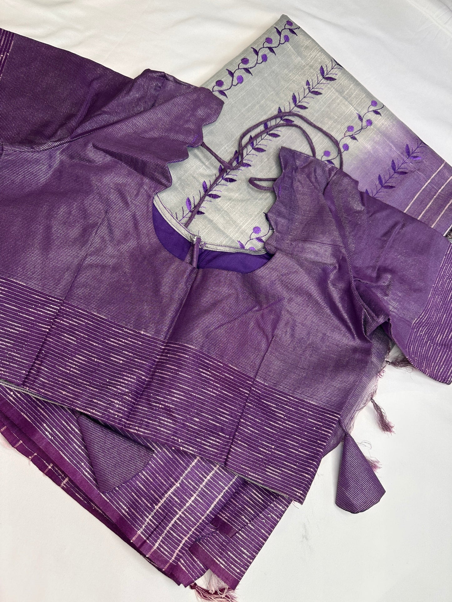 Bhagalpuri Silk Grey Purple Embroidery Saree