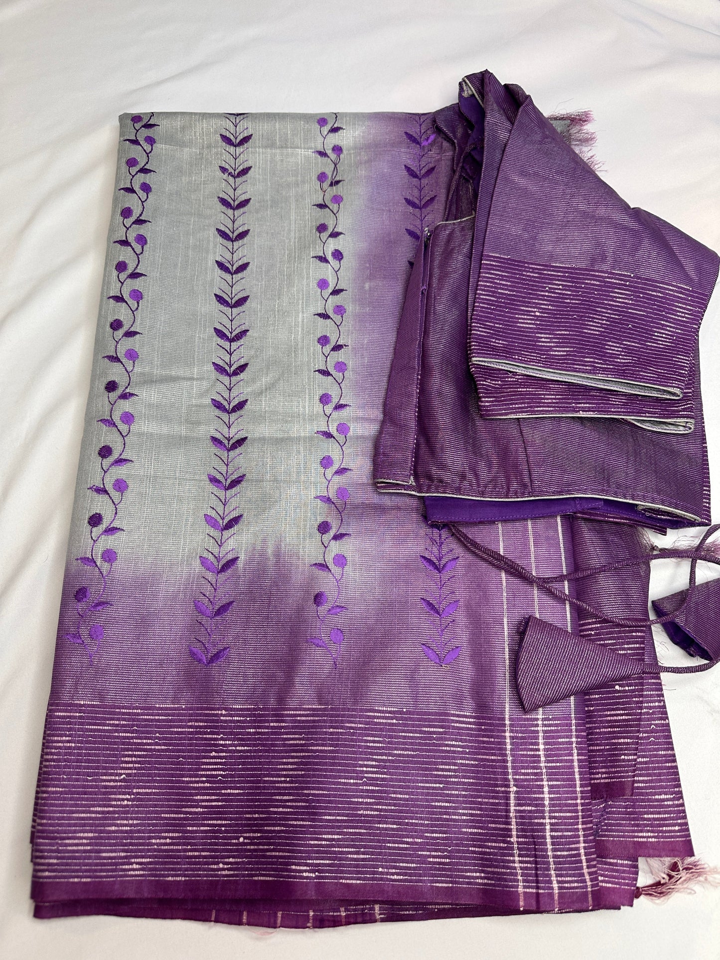 Bhagalpuri Silk Grey Purple Embroidery Saree