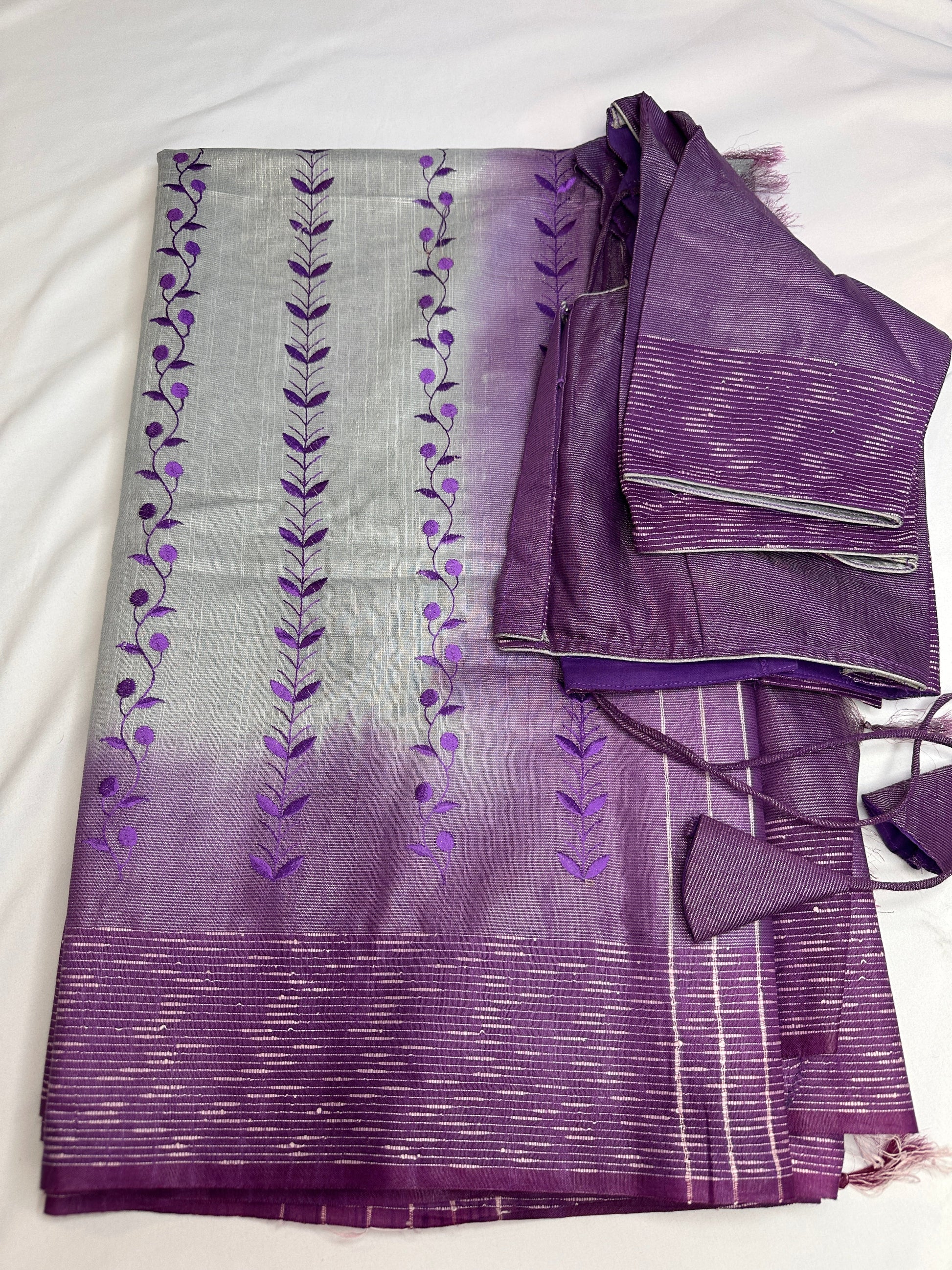 Bhagalpuri Silk Grey Purple Embroidery Saree
