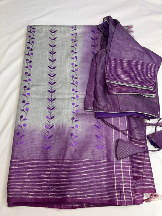 Bhagalpuri Silk Grey Purple Embroidery Saree