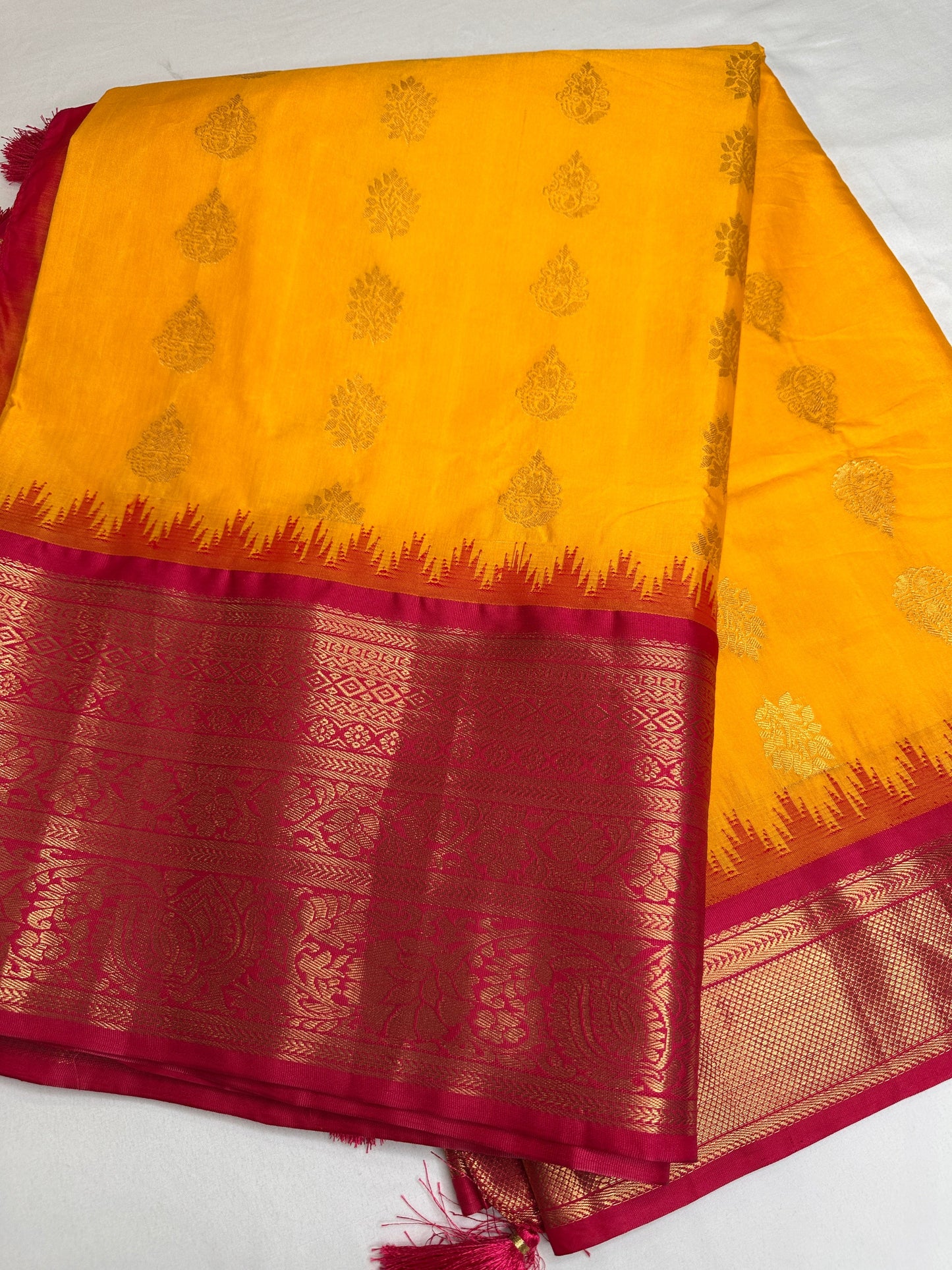 Yellow Pink Pure Silk Pattu Gadwal Saree