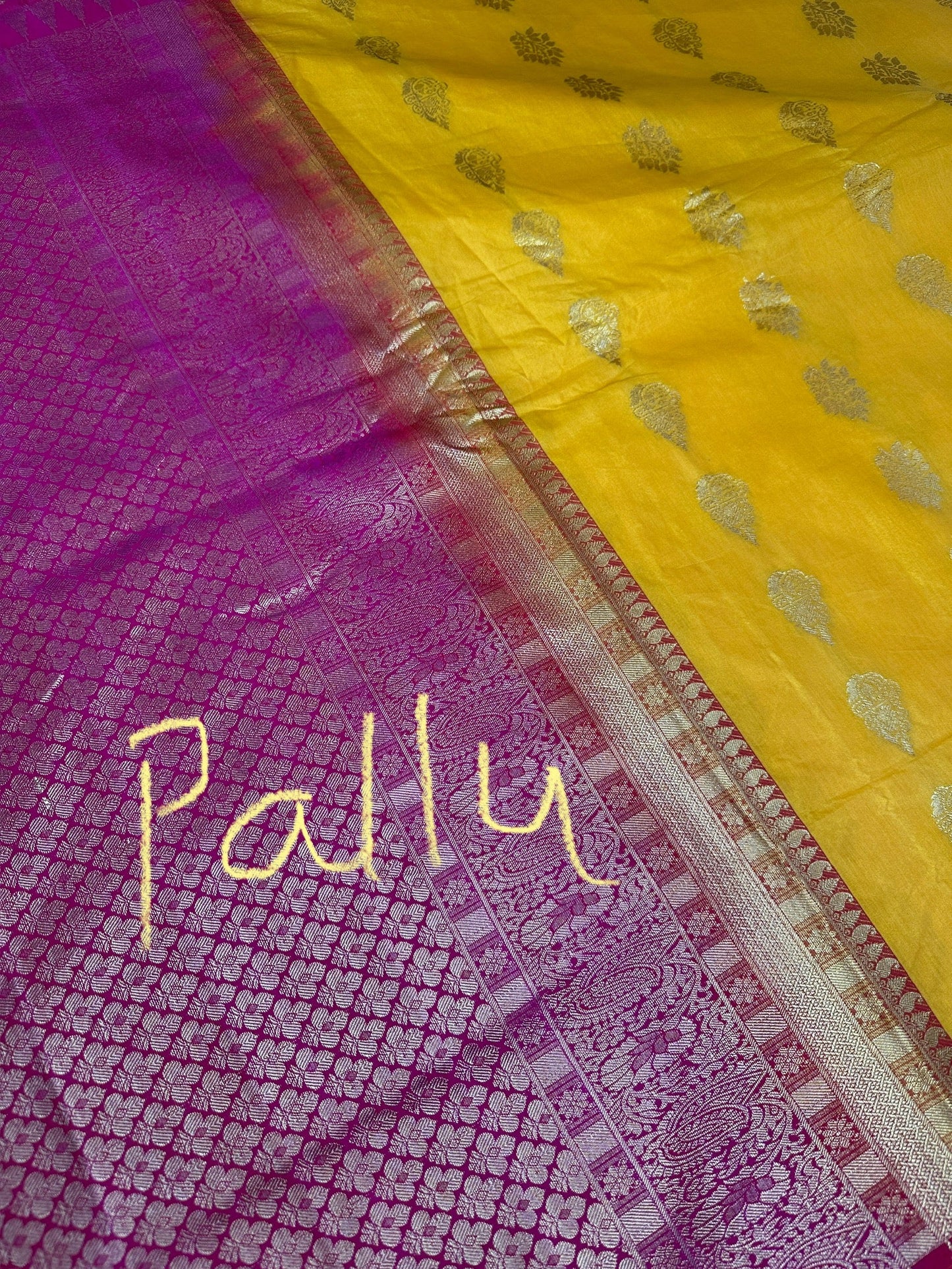 Yellow Pink Pure Silk Pattu Gadwal Saree