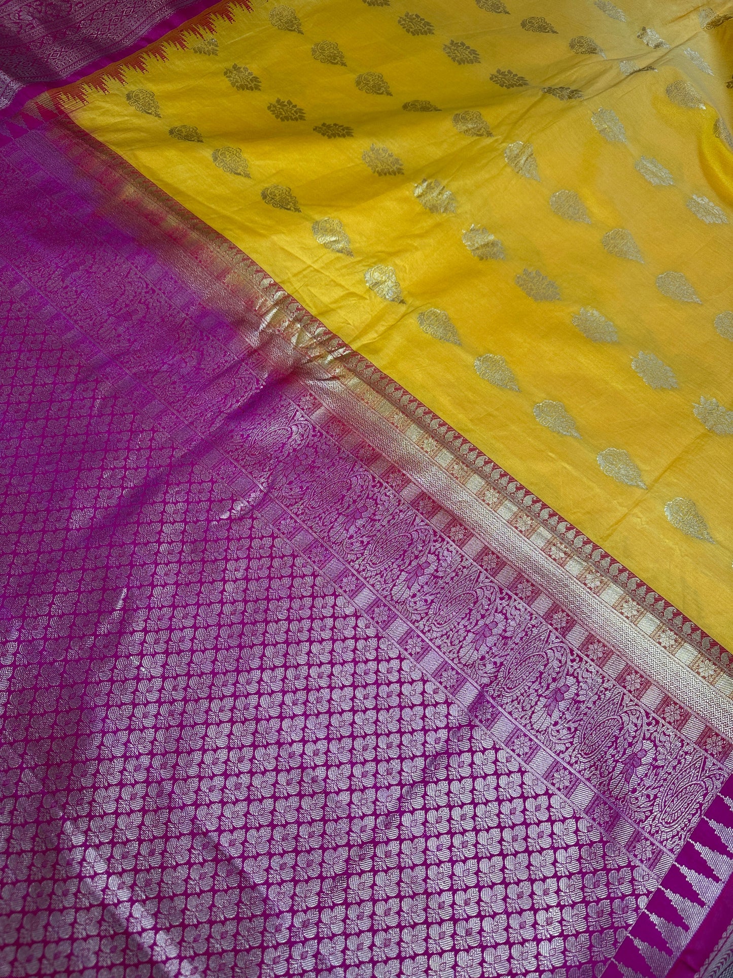 Yellow Pink Pure Silk Pattu Gadwal Saree