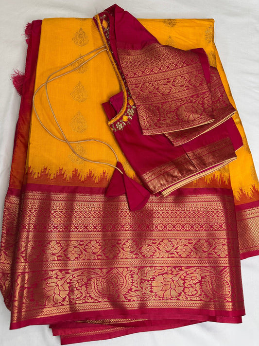 Yellow Pink Pure Silk Pattu Gadwal Saree