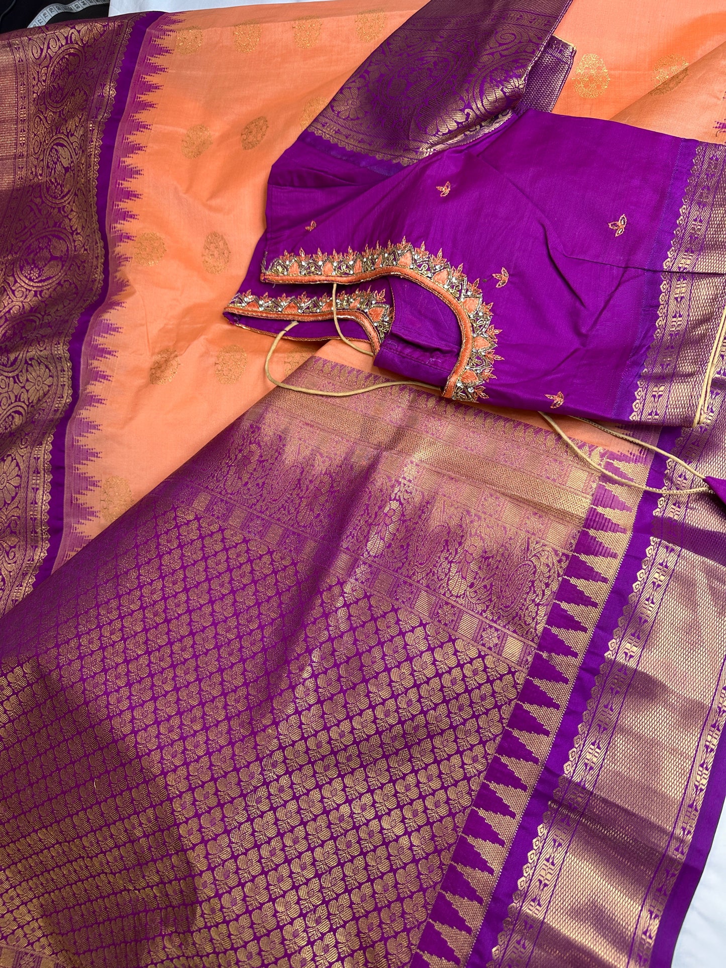 Peach Purple Pure Silk Pattu Gadwal Saree